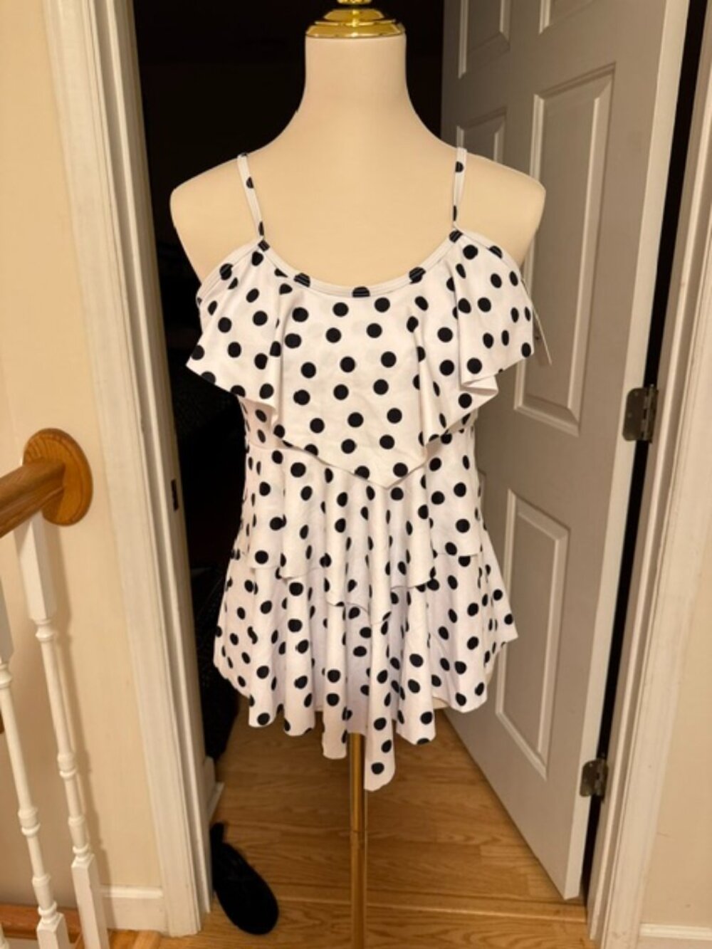NWT Holipick Black White Polka Dot Ruffle Tiered Tankini Swim Top Sz L